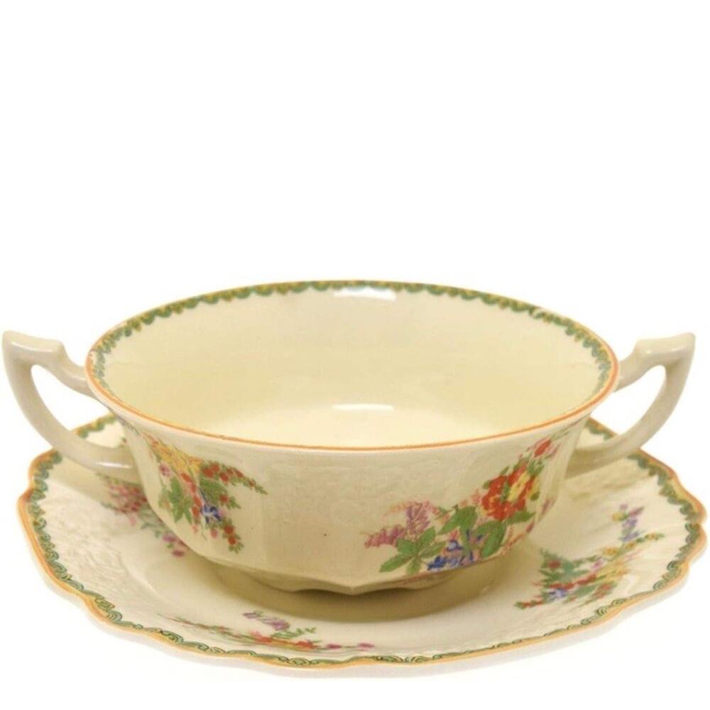 Devon Myott Staffordshire England Cup With 2 Handles and Underplate 1930’s 7”